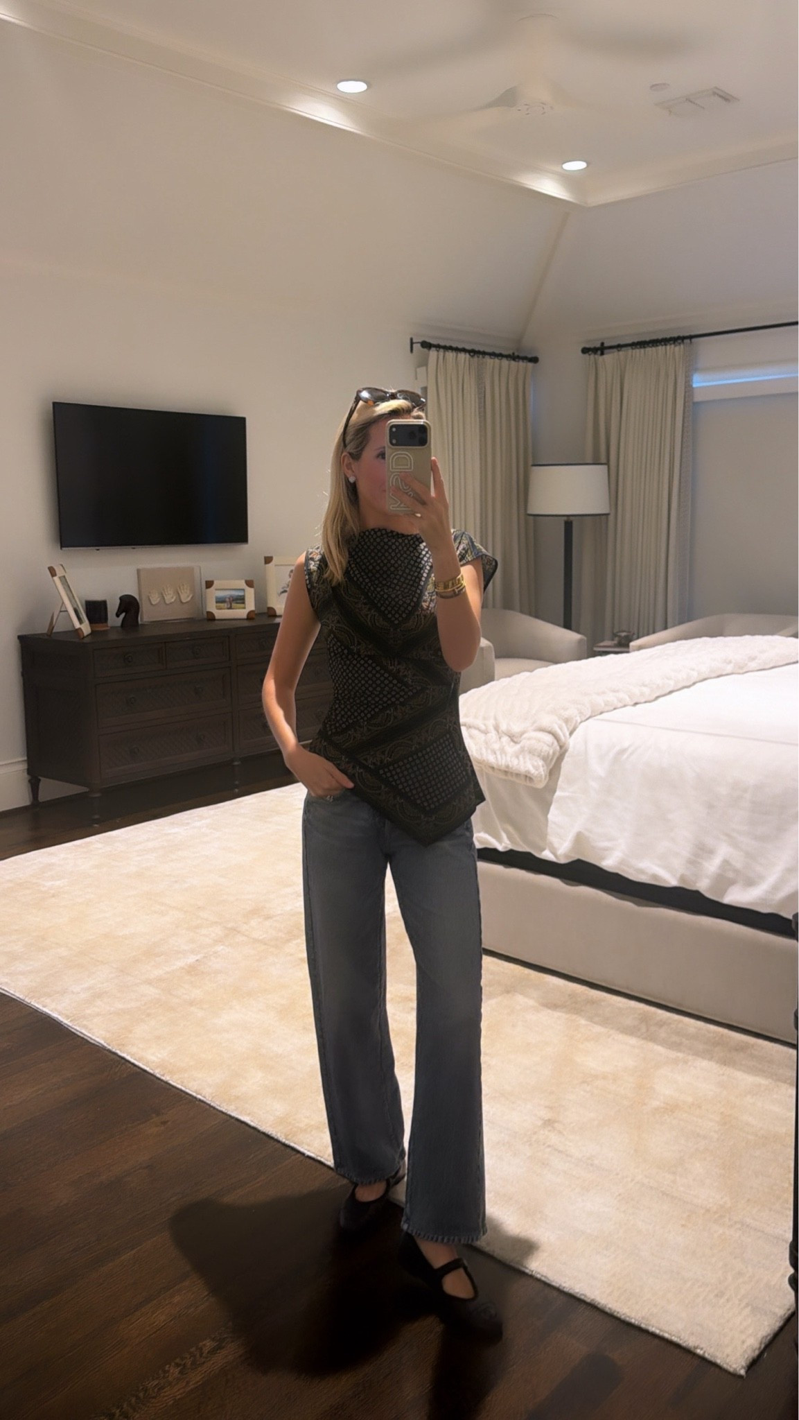 Scarf top and sweatpant jeans