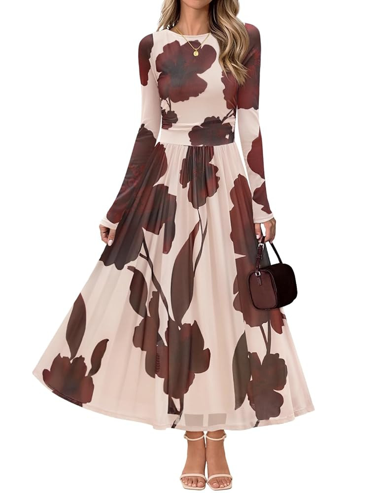 MEROKEETY Women's Long Sleeve Fall Wedding Guest Dress 2025 Crewneck Floral Flowy Mesh Cocktail M... | Amazon (US)