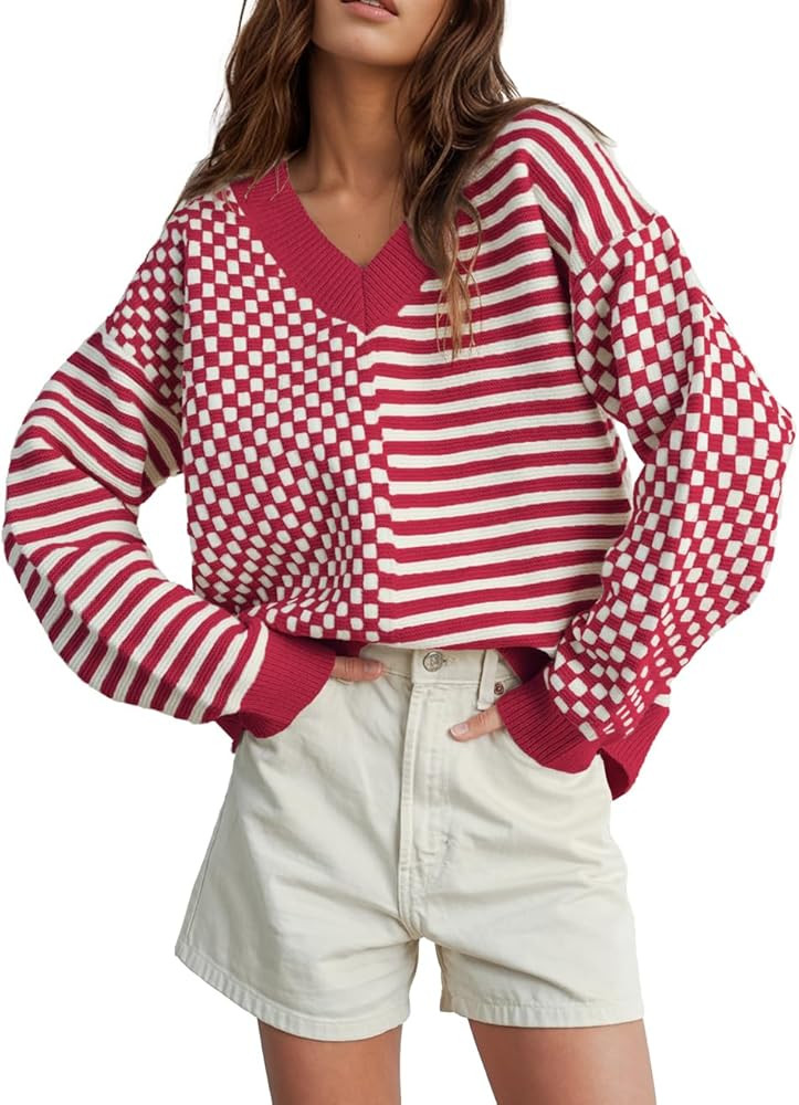 UNCLECAT Women's Striped Checkered Sweater 2025 V Neck Fall Sweaters Casual Knit Trendy Pullover ... | Amazon (US)