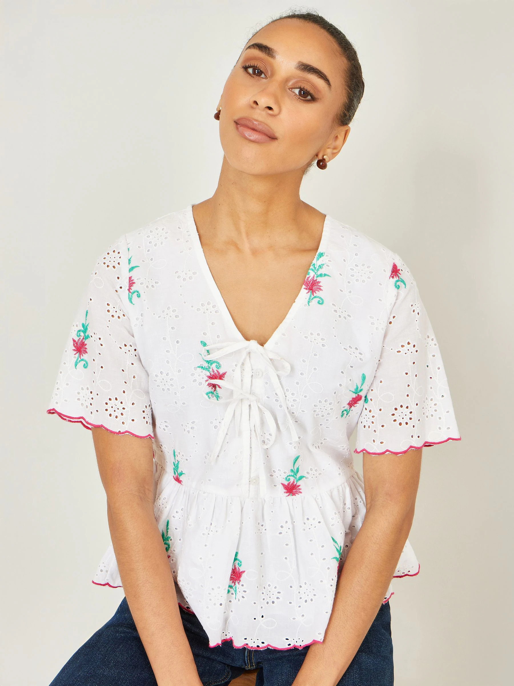 Yumi Yumi White Cotton Broderie Anglaise Embroidered Tie Top | Next US