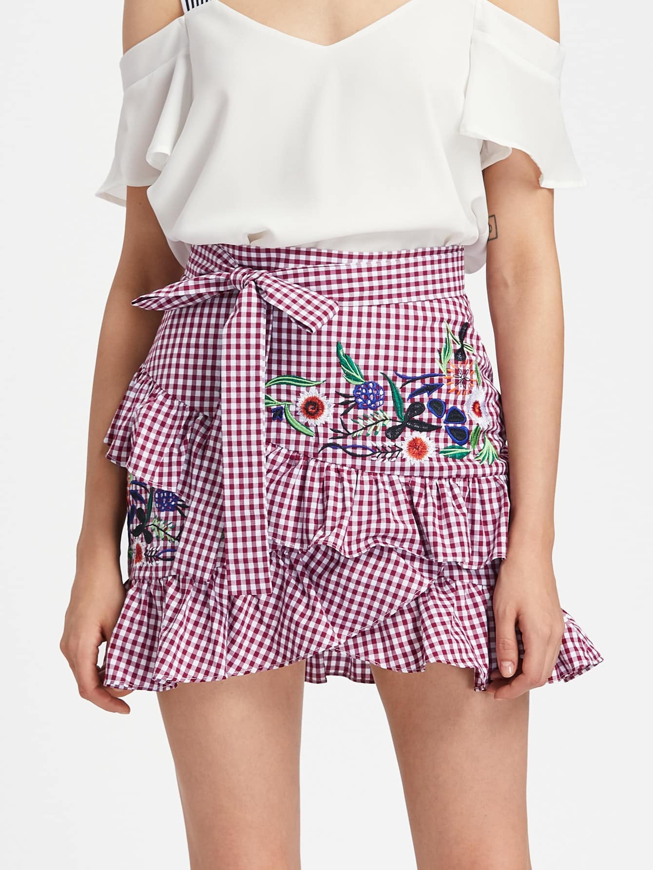 Self Belt Embroidered Asymmetric Ruffle Checkered Skirt | SHEIN