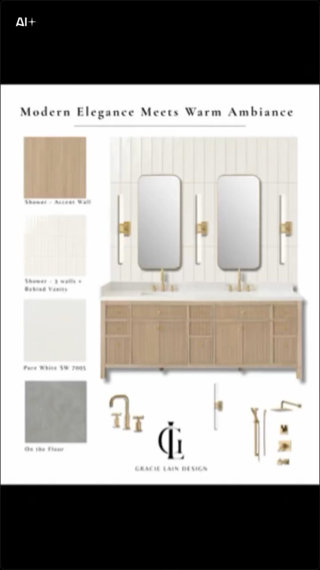 Bringing this warm, modern neutral bathroom to life 🤍✨
Every space begins with a vision — and for this one, the mood board set the tone for a soft, serene, luxury-meets-livable design.

From the vertical tile detail to the white-oak vanity, brushed brass finishes, and spa-inspired lighting… every element was chosen with intention to create a calm, elevated space you’ll love walking into every morning.

If you’re ready to transform your bathroom — or any room in your home — reach out for a complimentary consultation. I’d love to design a space that feels like you.

And make sure to follow our new Instagram decor page, where I’m sharing curated mood boards and design inspo every single day to help you bring your dream home to life.

#BathroomDesign #InteriorDesign #BathroomRenovation #ModernBathroom #NeutralHomeDesign #3DRendering #HomeInspiration #InteriorDesigner #WestVirginiaDesigner #LuxuryHomeDesign #WarmNeutrals #TileDesign #VanityDesign #HomeMakeover #GracieLainDesign #DesignStudio #MoodBoardDesign #HomeStyling #Interiors123 #FixerUpperStyle #DecorInspo #DesignDaily