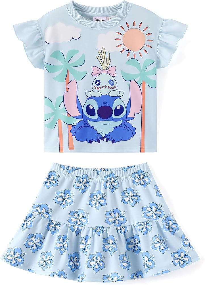 Disney Frozen Elsa Minnie Mouse Stitch Princess Girls' Skirt Sets Ruffle Short Sleeve Clothes 2pc... | Amazon (US)