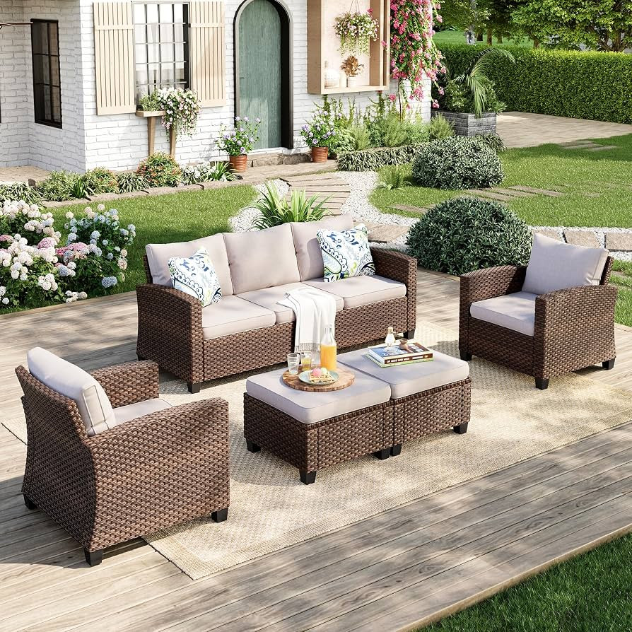 MIXPATIO Patio Furniture Set, 5 Pcs Wicker Rattan Outdoor Conversation Set, 2 x Leg Chairs, 1 x 3... | Amazon (US)