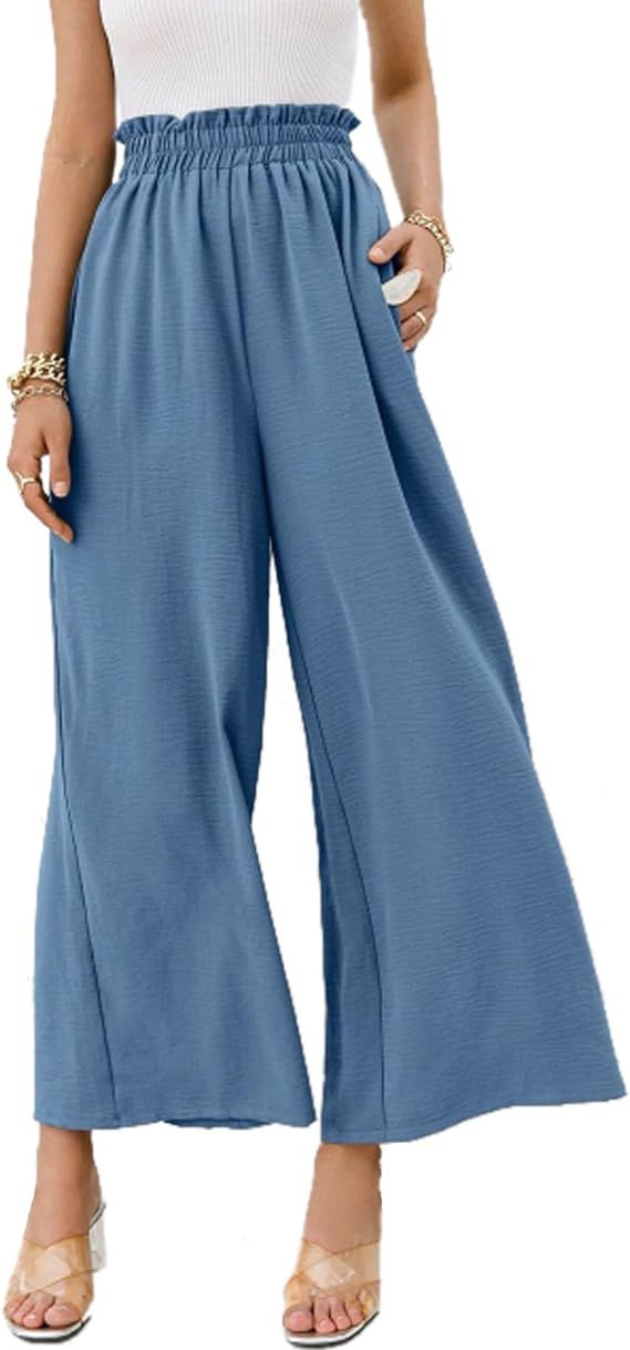 Hotouch Women High Waist Wide Leg Pants Ruffled Casual Cropped Trousers with Pocket | Amazon (US)