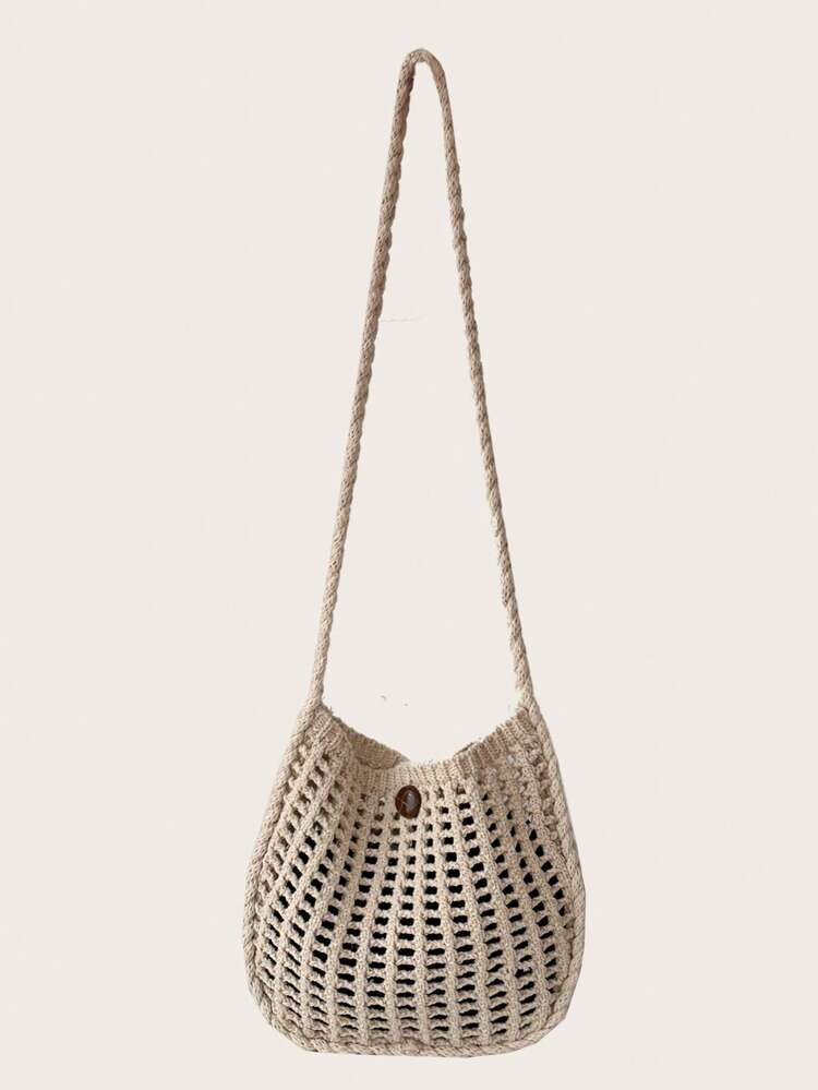 Women's Casual Buckle Design Minimalist Hollowed Out Large Capacity Crochet Detail Shoulder Bag | SHEIN