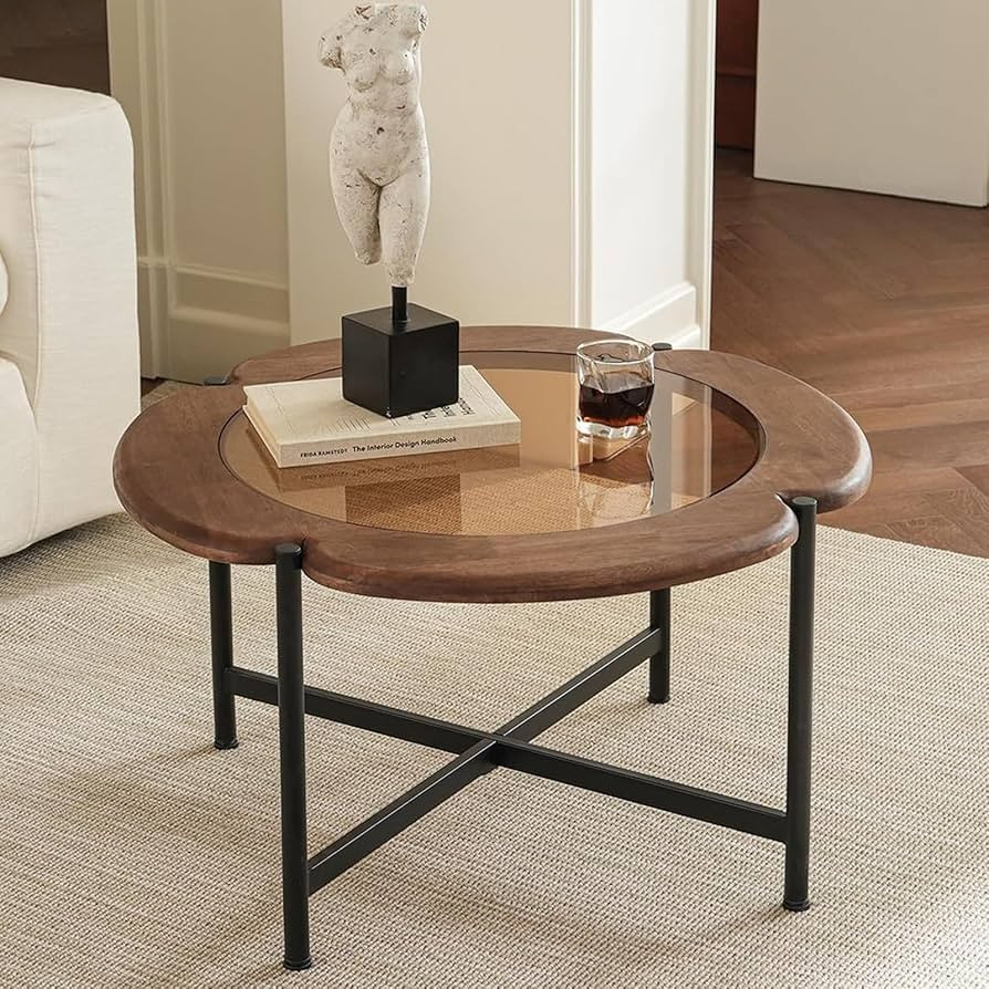 Beistelltisch Rund Couchtisch mit Glasplatte & Massivholz, Kleiner Tisch mit Metall Gestell, Mode... | Amazon (DE)