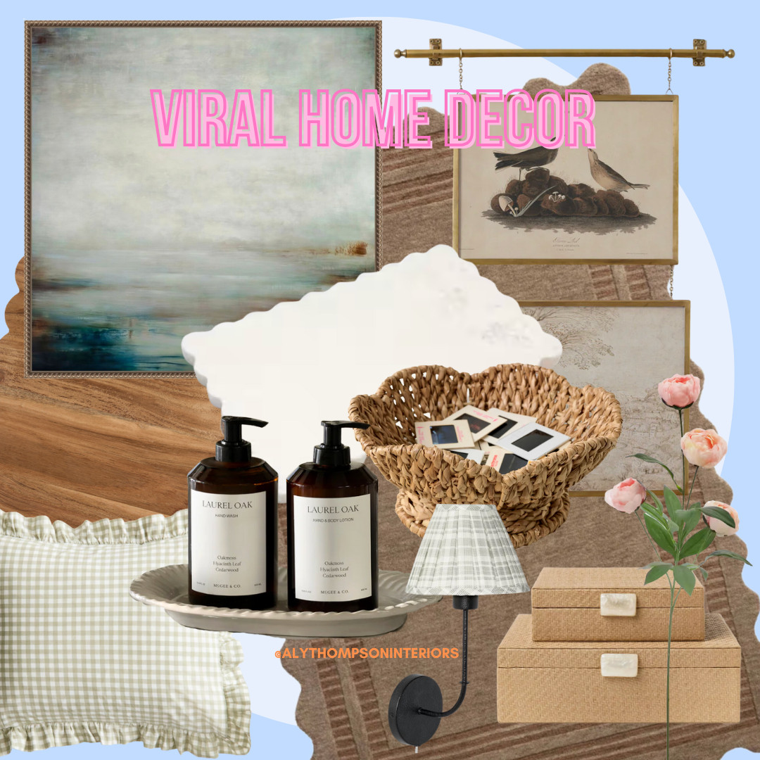 Viral Home Decor | Trending Home Decor | Large Wall Art | Above The Bed Art | Gallery Wall | Scalloped Marble Tray | Scalloped Wood Cutting Board | Wicker Basket | Michaels Peonies | Soap Dish | Wall Sconce 

 #LTKSeasonal #LTKHome #LTKSaleAlert
