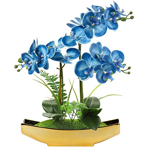 Briful Orchids Artificial Flowers 15" Blue Phalaenopsis Faux Orchid with Gold Pots Fake Orchid Fake Plant for Home Office Bedroom Christmas Table Wedding Party Decor | Amazon (US)