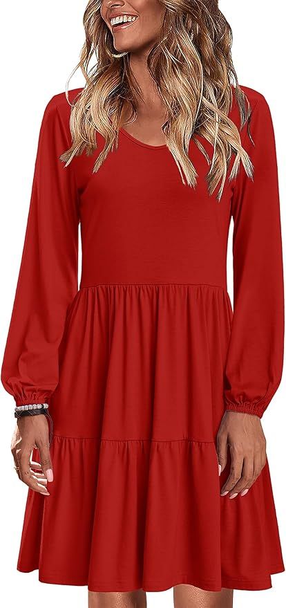 HOTOUCH Women Casual Tunic Dress V Neck Tiered Dress Long Sleeve Fit Swing Shift Dress with Pocke... | Amazon (US)