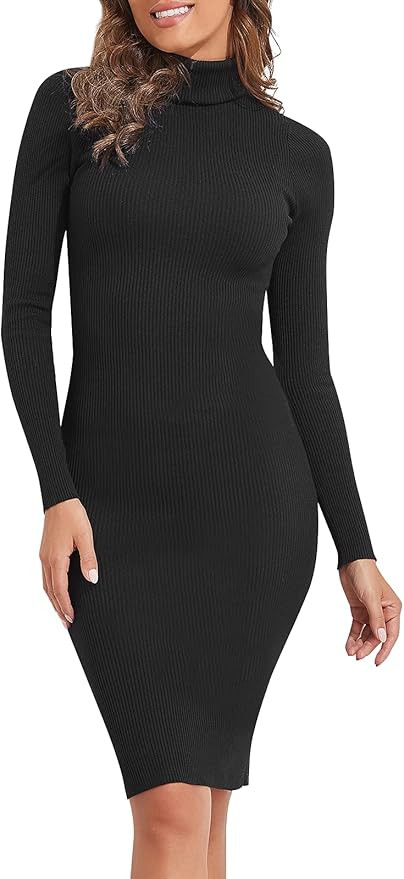 PrettyGuide Women's Turtleneck Sweater Dress Long Sleeve Ribbed Knit Stretch Midi Bodycon Dresses | Amazon (US)