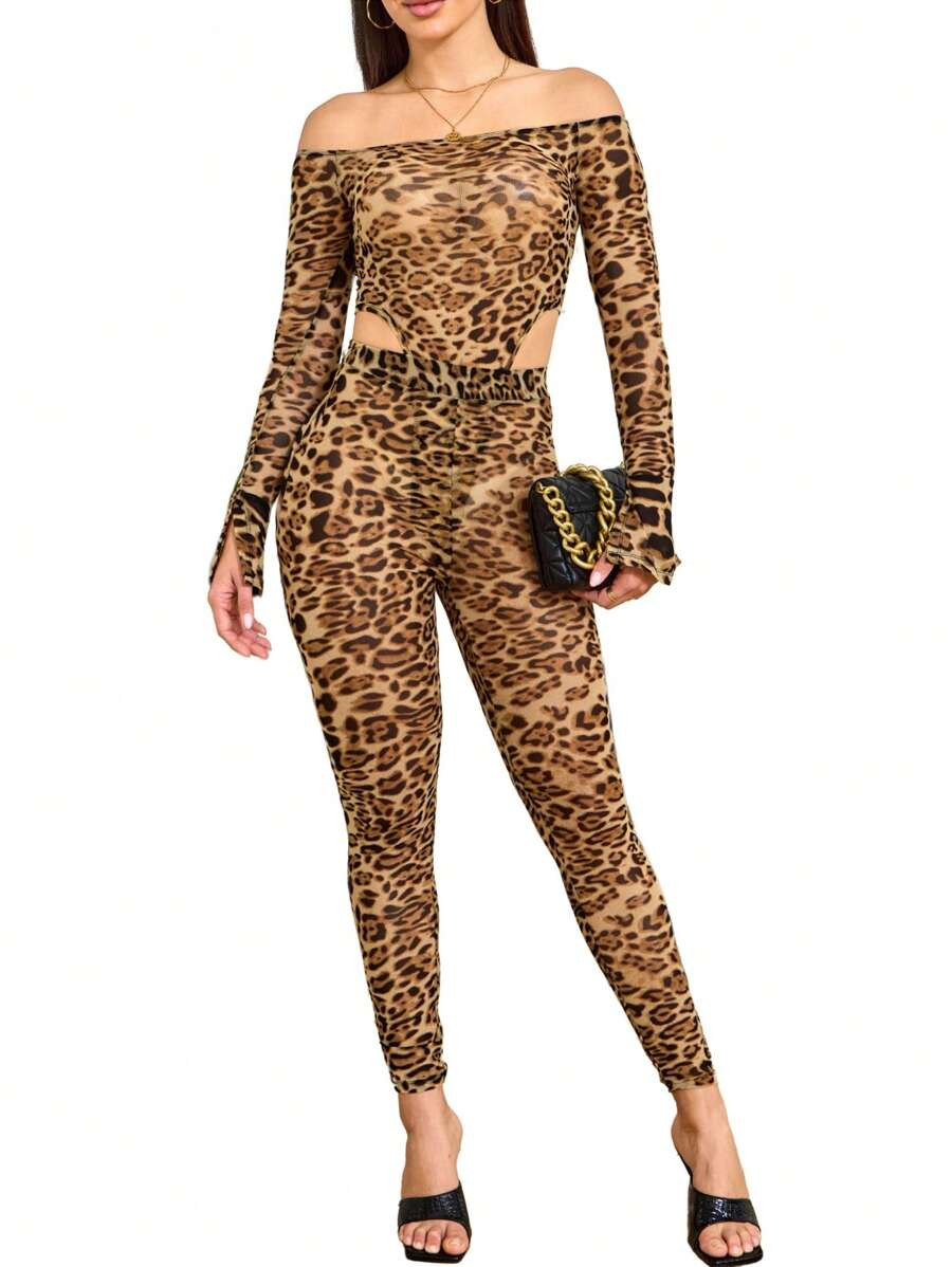Women Leopard Two-Piece Outfits Sexy Summer Off Shoulder Long Sleeve Bodysuit Sheer Mesh Legging ... | SHEIN