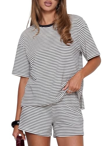 Darong Womens Striped 2 Piece Lounge Sets Short Sleeve Oversized T Shirts Drawstring Shorts Match... | Amazon (US)