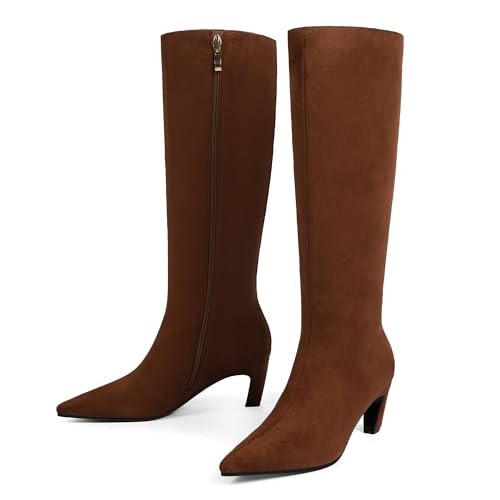 Modatope Brown Boots for Women Knee High Pointed Toe Low Kitten Heel Side Zipper Womens Tall Fashion Fall Suede Brown Boots Size 11 | Amazon (US)