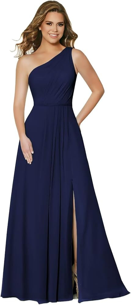 One Shoulder Bridesmaid Dresses for Wedding Long Chiffon Slit Formal Dress with Pockets | Amazon (US)