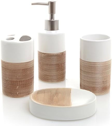 MyGift Deluxe 4 Piece White & Beige Ceramic Bath Set w/Soap Dispenser, Toothbrush Holder, Tumbler... | Amazon (US)
