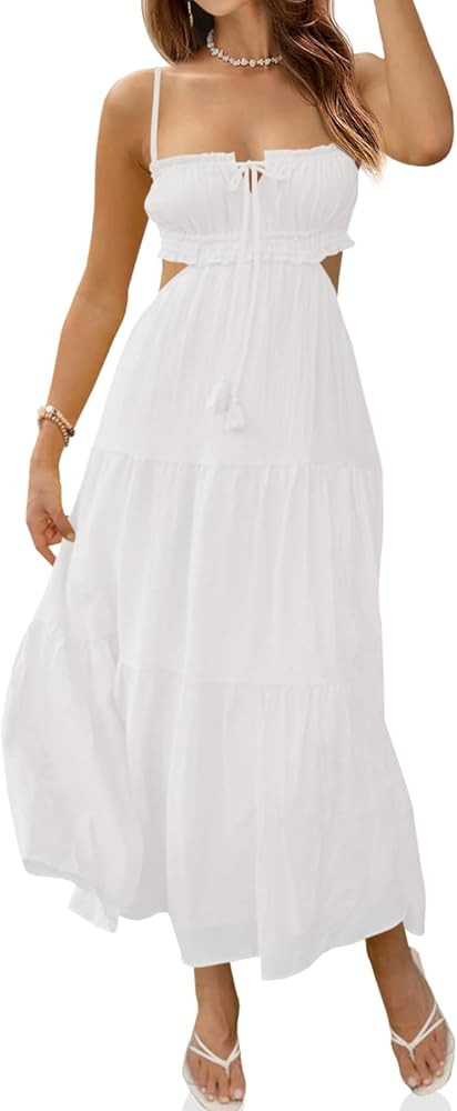 Fisoew Women's Spaghetti Strap Maxi Dress Summer Sleeveless Side Cut Out Dress Casual Boho Backle... | Amazon (US)