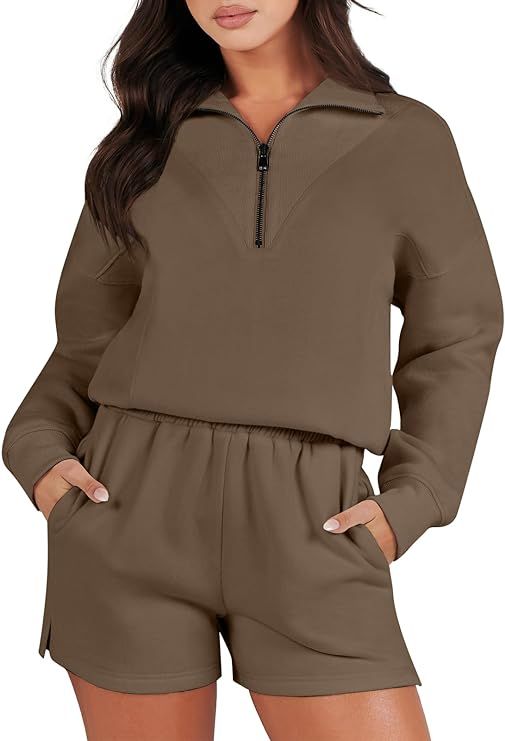 ANRABESS Women 2 Piece Outfits Sweatsuit Oversized Half Zip Collared Sweatshirt Hoodies Short Set... | Amazon (US)