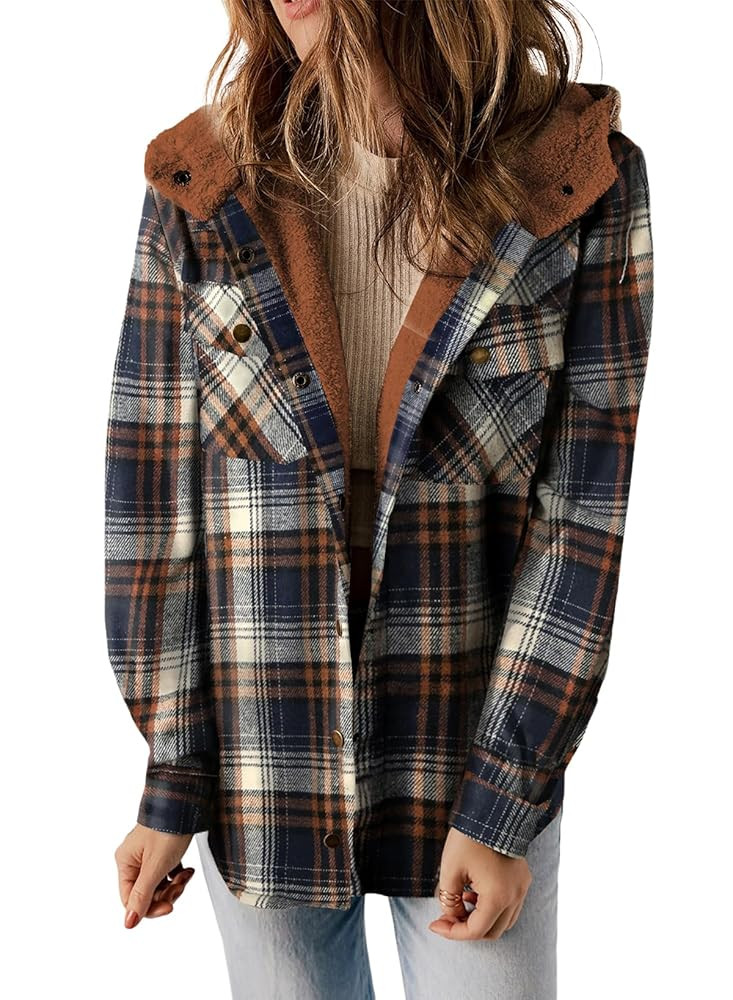 Dokotoo Womens Plaid Shacket Jacket Long Sleeve Button Down Fleece Hooded Jackets Warm Coat | Amazon (US)