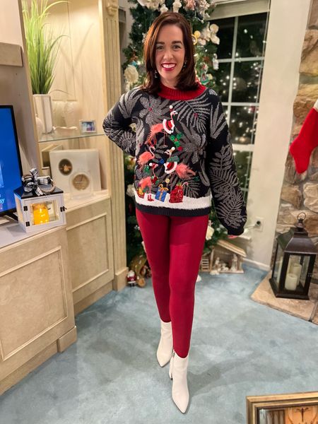 Flamingo Christmas sweater (size small). Red leggings (size small). White boots (size 8.5). #sweater #holidaysweater #christmassweater #holidaystyle #holidayfashion #holidayoutfit #redleggings #leggings #whiteboots #boots #winteroutfit #winteroutfits 

#LTKunder100 #LTKHoliday #LTKstyletip