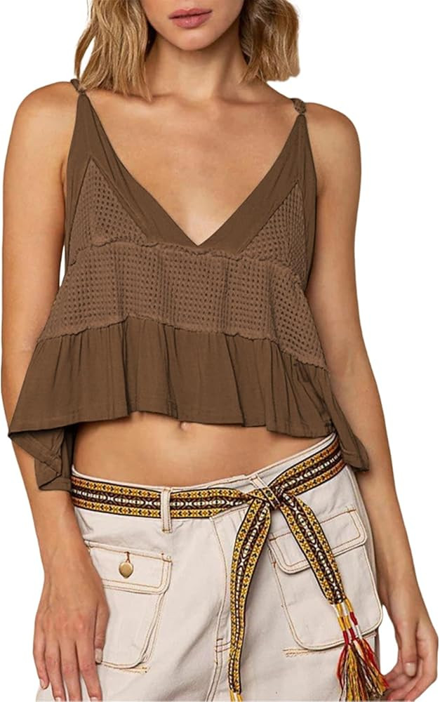 VNIRA Womens Sleeveless Peplum Spaghetti Strap Babydoll V Neck Ruffle Loose Fit Waffle Knit Crop ... | Amazon (US)