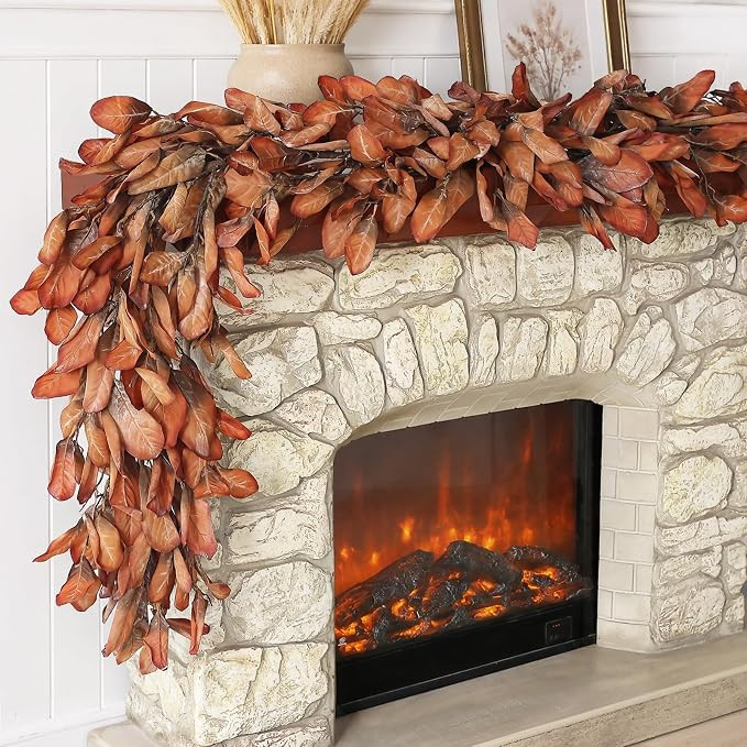 6 FT Artificial Fall Magnolia Leaf Garland for Fireplace Decoration(Orange) | Amazon (US)