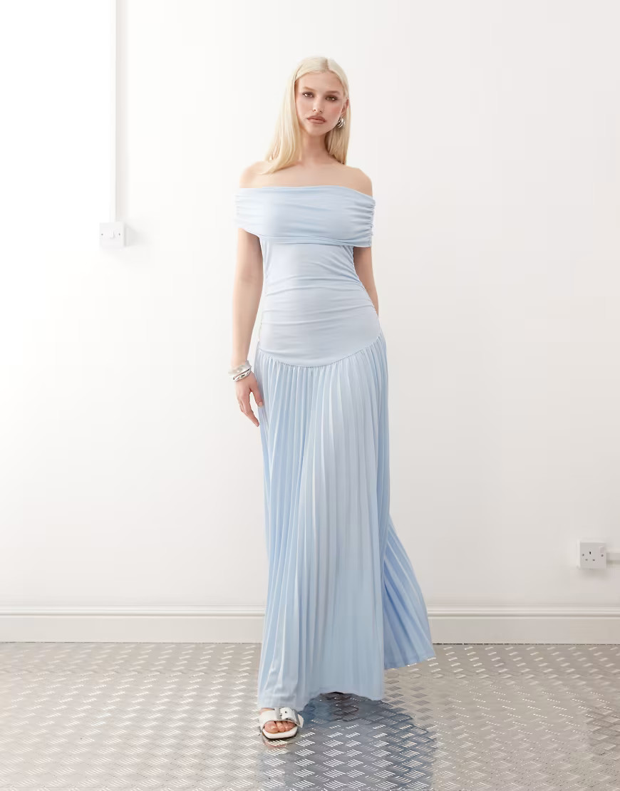 Lioness Field of Dreams foldover bardot ruched drop waist pleated maxi dress in soft blue | ASOS (Global)