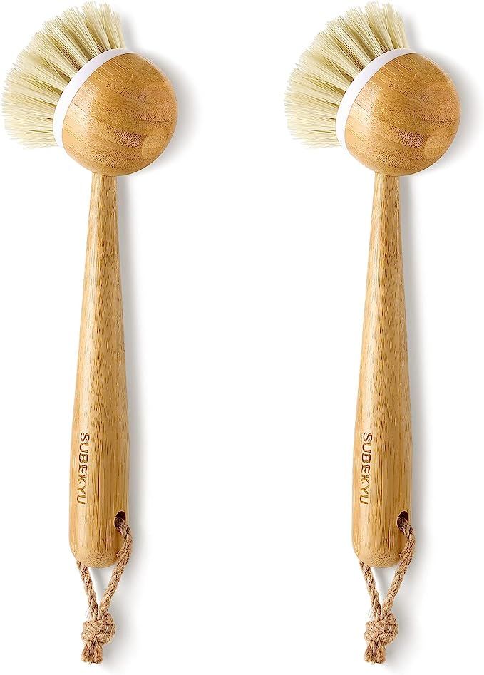SUBEKYU Dish Brush with Handle, Natural Bamboo Dish Scrubber Brush, Kitchen Dishwashing Brush for... | Amazon (US)