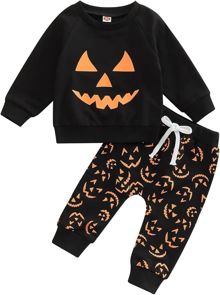 Toddler Baby Boy Halloween Outfits Cute Pumpkin Sweatshirt Top and Pant Set Infant Long Sleeve Cloth | Amazon (US)