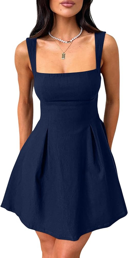 YMDUCH Women's Sexy Sleeveless Square Neck Adjustable Straps Bow Tie A-line Mini Party Club Dress | Amazon (US)