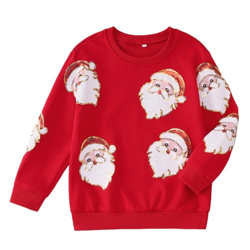 SOFEON Kids Girls Boys Christmas Sweatshirts Sequin Santa Claus Pullover Cute Glitter Xmas Long Sleeve Shirts Holiday Tops(Red,10-11Y(160)) | Amazon (US)