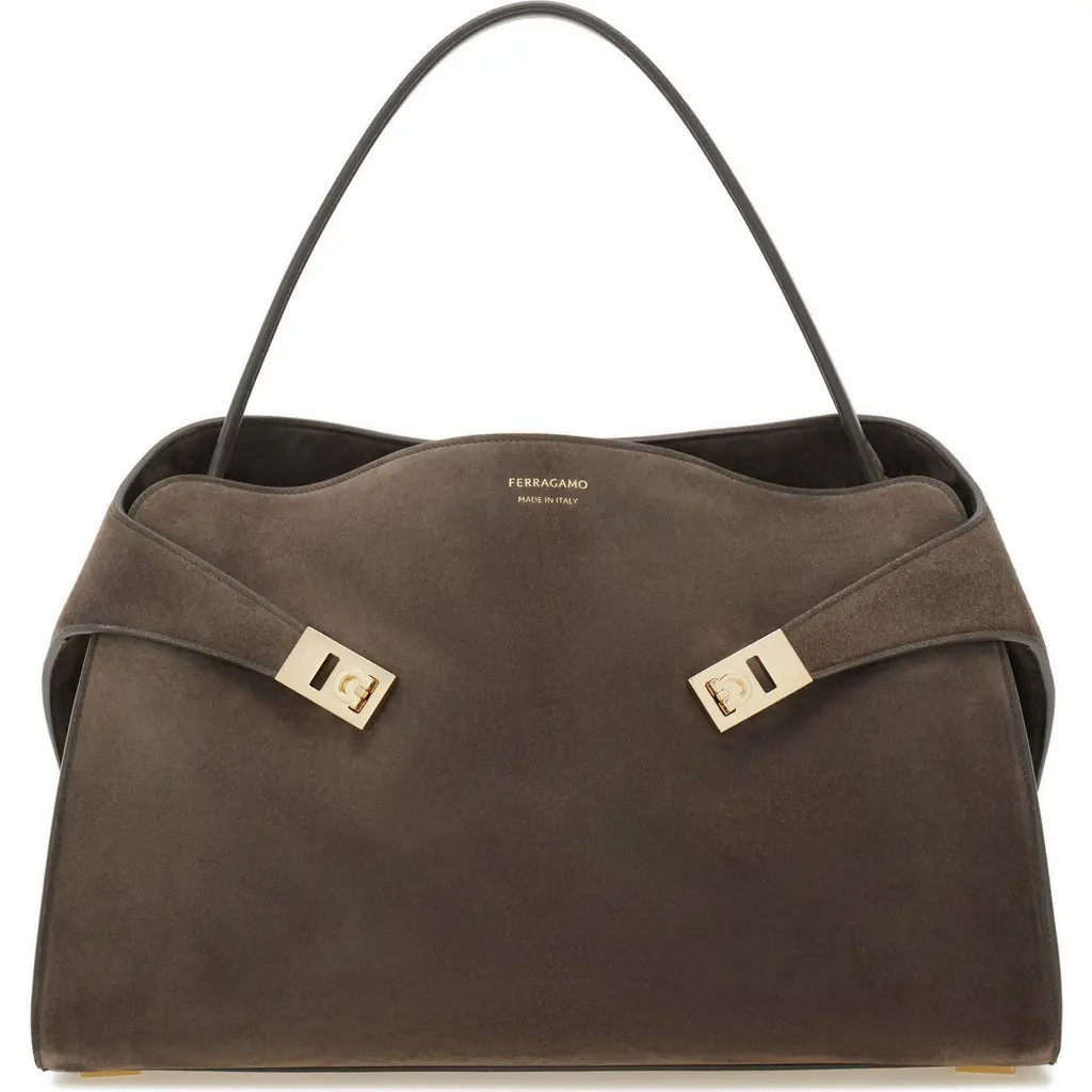 FERRAGAMO Medium Hug Suede Shoulder Bag in Concrete at Nordstrom | Nordstrom