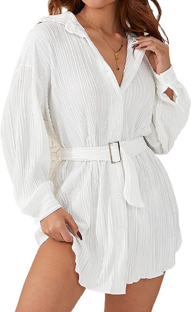 TUSFTAY Women Pleated Mini Shirt Dress Ribbed Button Down Long Sleeve V Neck Party Club Formal Short | Amazon (US)