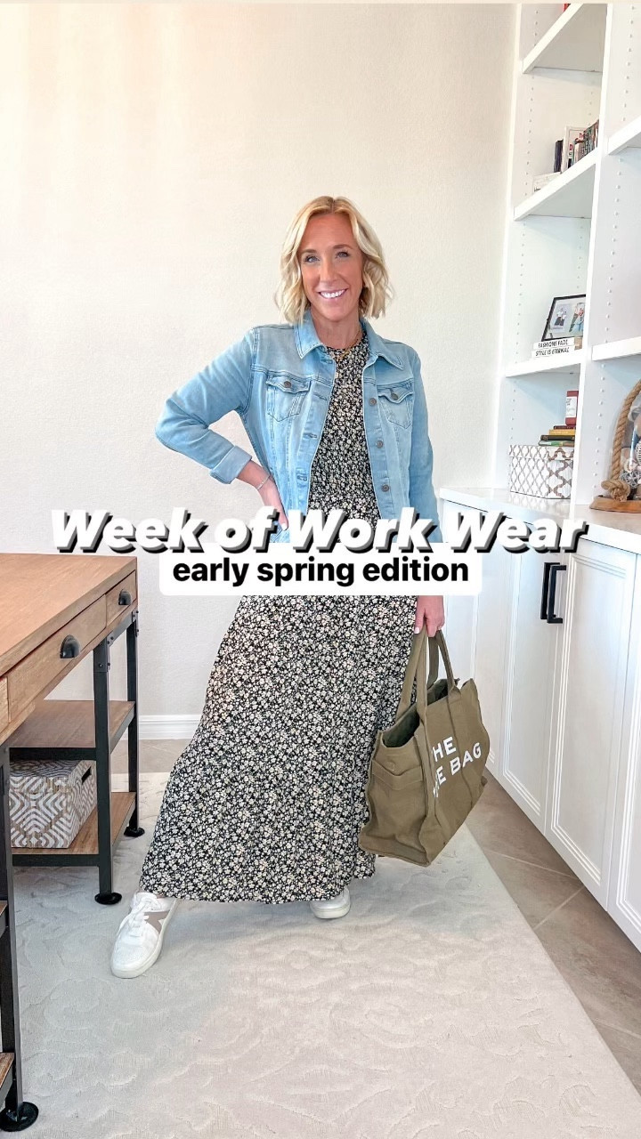 Week of Work Wear: Spring edition:
MONDAY: white satin button-up - size small // black trousers - size 4 // grey sweater - size small.
TUESDAY: striped dress - size small.
WEDNESDAY: navy cardigan/jacket - size xs // striped shirt - size small // brown trousers - size small. 
THURSDAY: floral maxi dress - size medium // jean jacket - size small.
FRIDAY: linen jumpsuit - size medium // linking a similar white shirt.

#LTKworkwear #LTKVideo #LTKfindsunder50