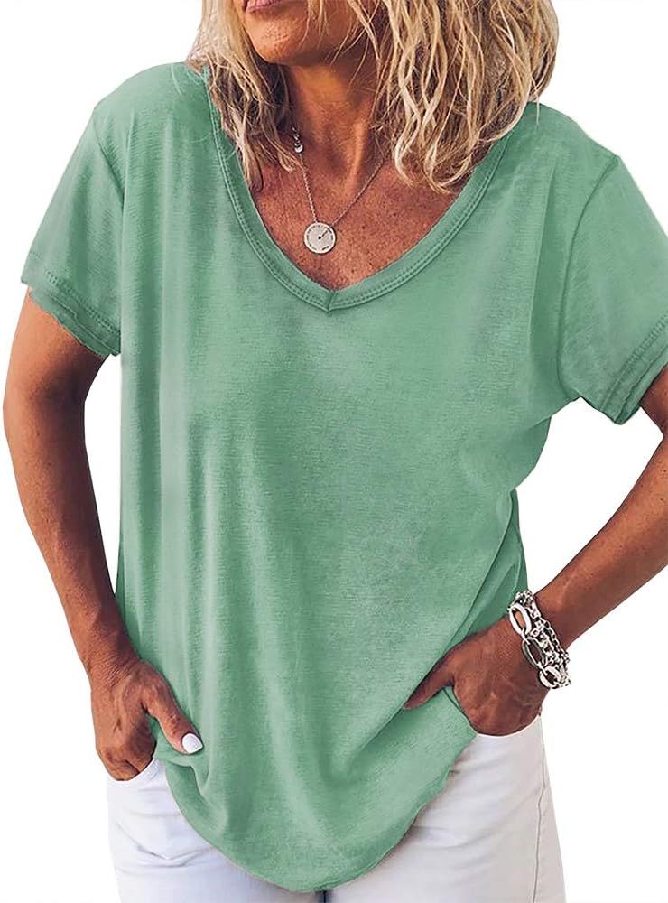 Fessceruna Womens Short Sleeve V Neck T Shirt Summer Casual Loose Solid Basic Tunic Tee Top Blous... | Amazon (US)