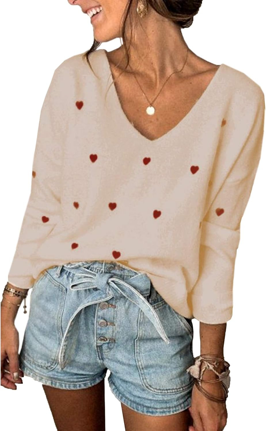 ECOWISH Women V Neck Heart Print Embroidery Knit Sweater Loose Casual Long Sleeve Ribbed Hem Cuff... | Amazon (US)