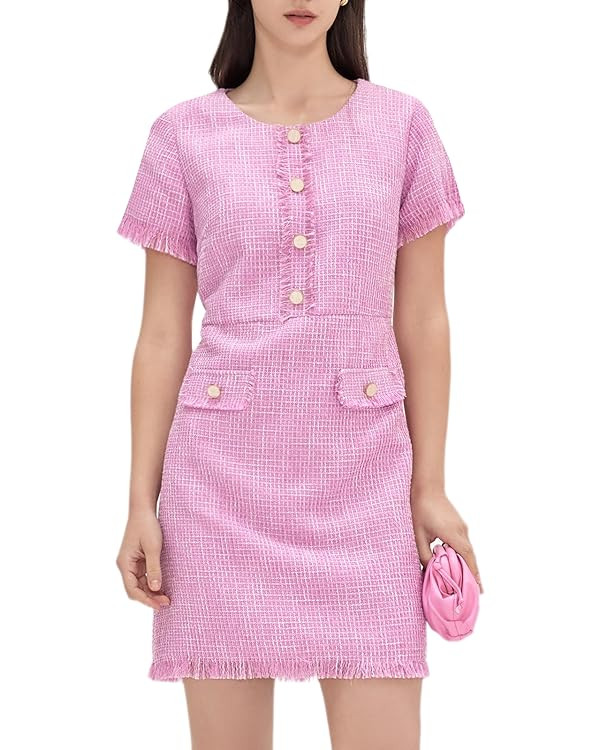 Womens Summer Tweed Dress Short Sleeve Crew Neck Tassels Elegant Casual Work Loose A Line Mini Dr... | Amazon (US)
