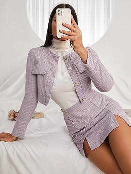 Amazon.com: Floerns Women's 2 Piece Outfits Plaid Tweed Blazer Long Sleeve Jacket and Skirt Set Dust | Amazon (US)