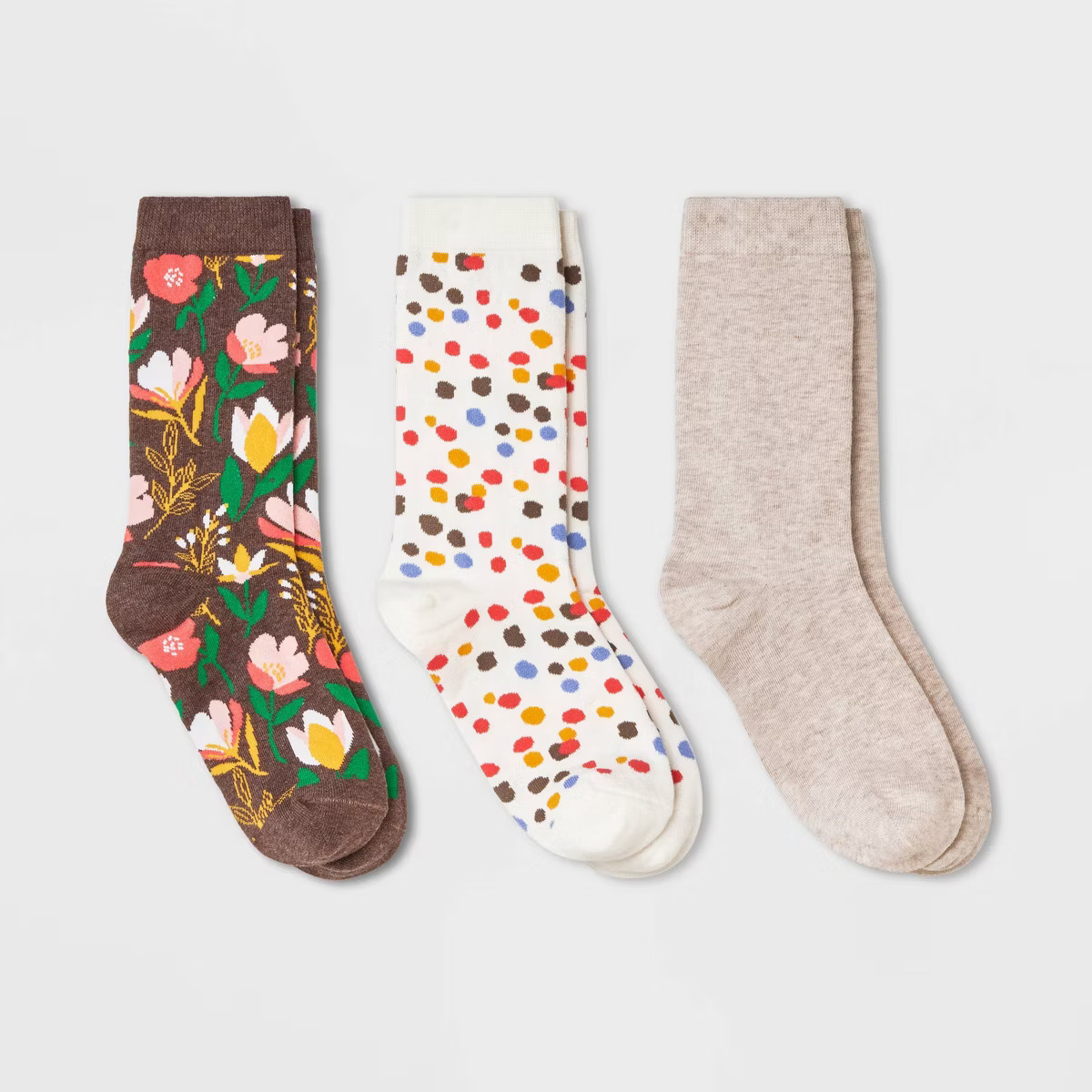 Women's 3pk Contemporary Floral Crew Socks - A New Day™ Brown Heather/Ivory 4-10 | Target