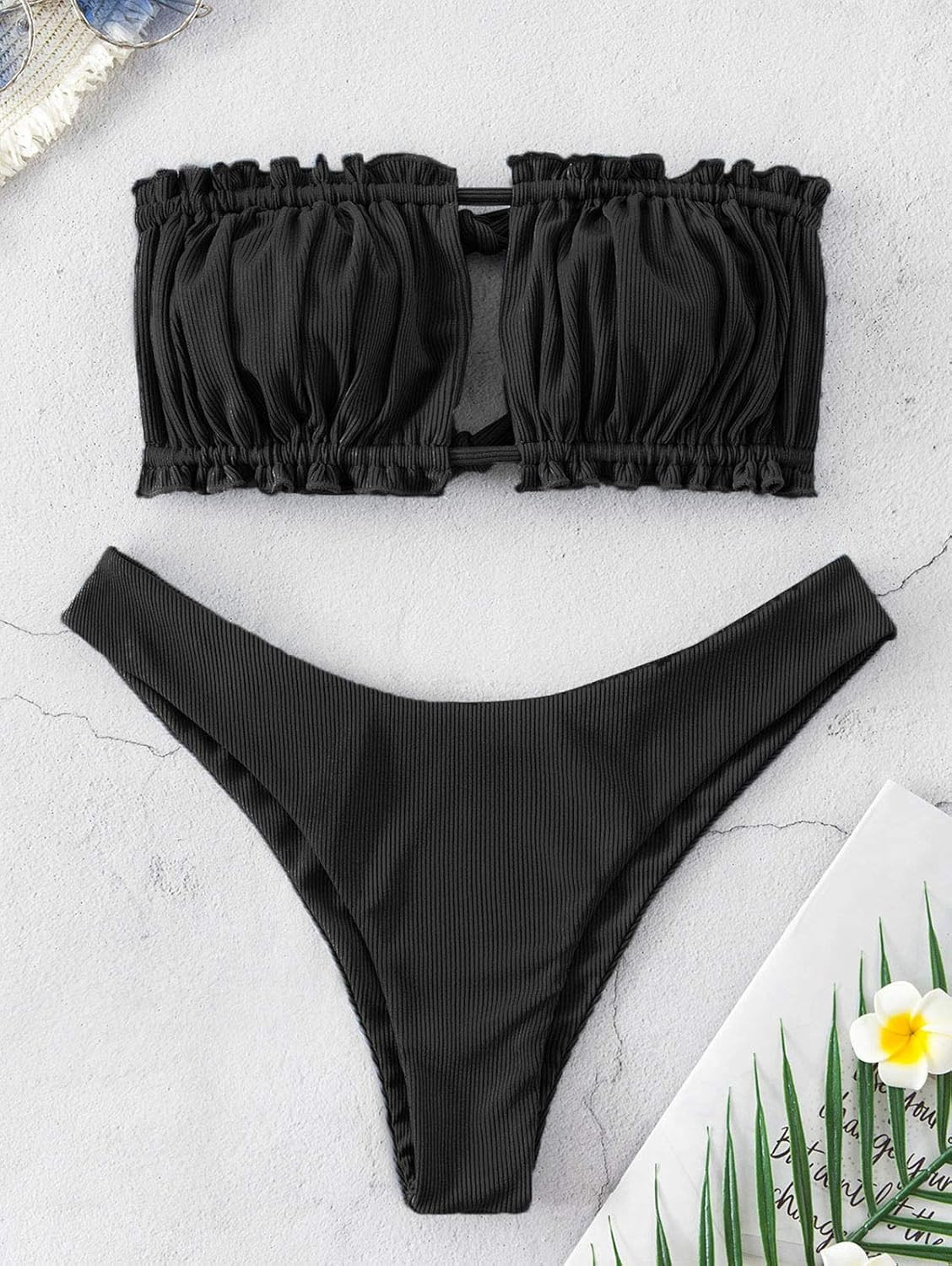 ZAFUL Women's Strapless Ribbed Tie Back Ruffle Cutout Bandeau Bikini Set Swimsuit | Amazon (US)