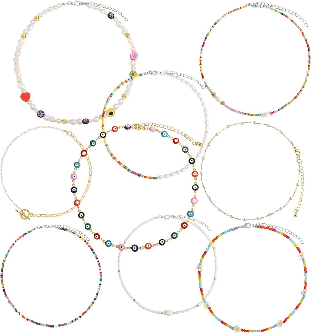 Beaded Choker Necklace Set, Boho Cute Colorful Seed Beads Necklace, Gold Pearl Chain Necklace Pac... | Amazon (US)