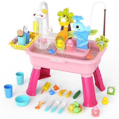 GGRH 2026 Upgraded Water Table for Toddlers 1-3 - Outdoor Toys for Kids Ages 4-8 with Pump, Summer Outside Sensory Activity Pool Toys, Kitchen Play Sink Toy with Running Water, Fishing Toy, Pink | Amazon (US)