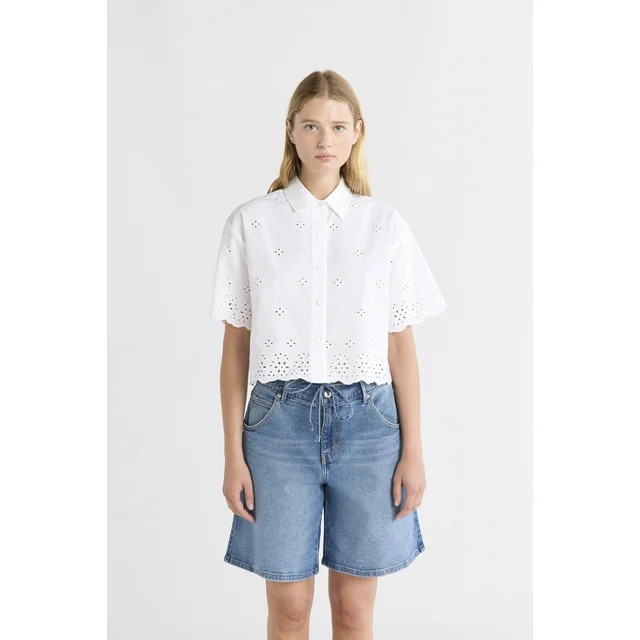 Free Assembly Women's and Women's Plus Cropped Cotton Eyelet Shirt, Sizes XS-4X | Walmart (US)