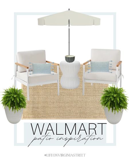Walmart patio inspiration for a little summer hang out area!! Loving this patio set, area rug, outdoor umbrella, outdoor side table, planters, ferns, throw pillows and citronella candle.

walmart, walmart patio decor, walmart home decor, walmart outdoor decor, patio inspiration, patio furniture, back yard furniture, outdoor rugs, poolside chairs

#LTKstyletip #LTKSeasonal #LTKGiftGuide