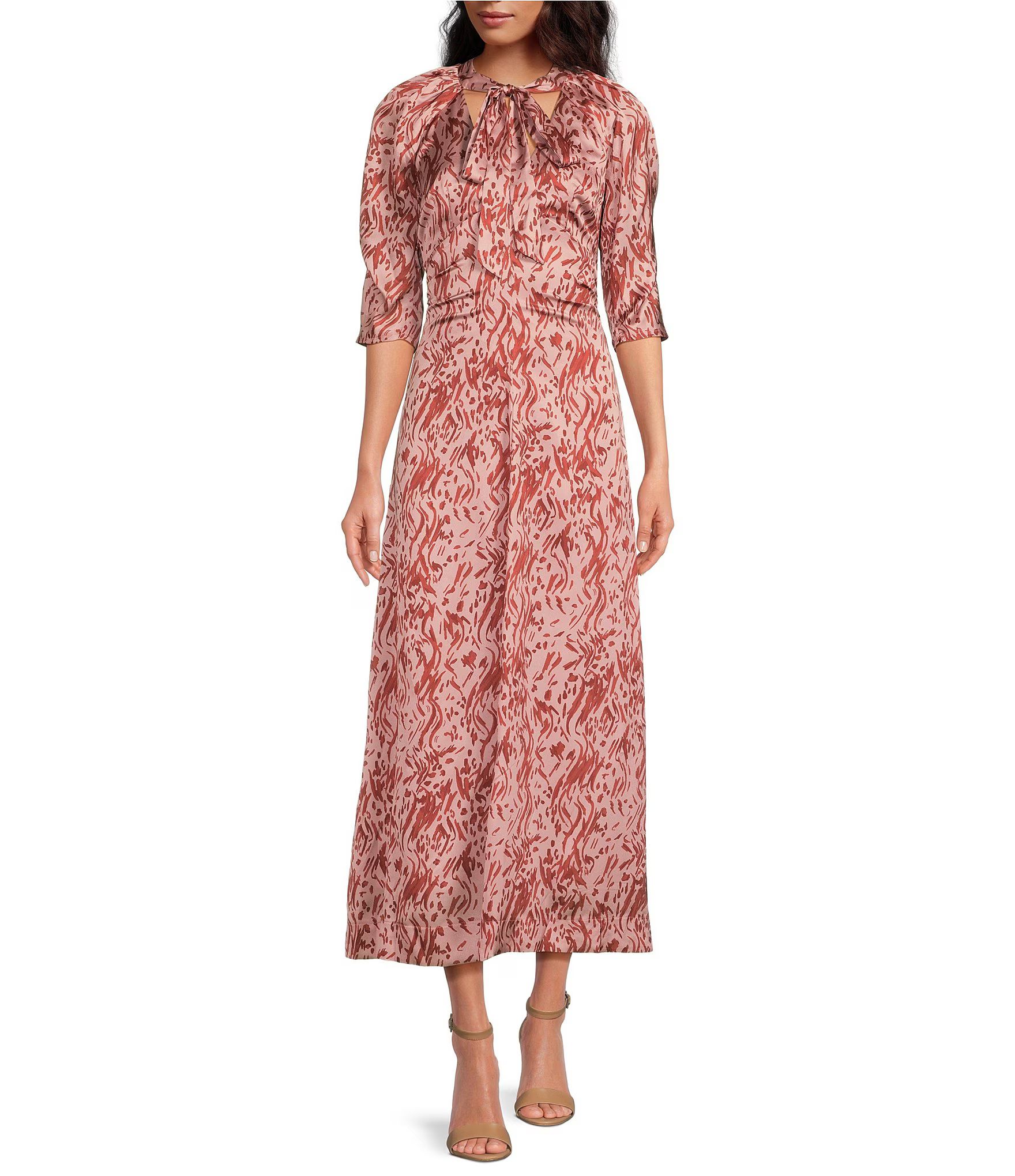Selah Printed V-Neck 3/4 Sleeve Midi Dress | Dillard's