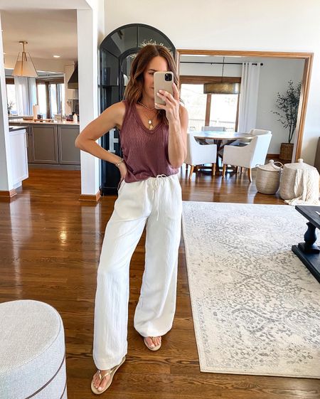 Flowy wide leg pants are a Summer must-have! 
XS here. Fully lined 👌🏻
LOVE the texture and details on this tank. XS
Jewelry - use code: twopeasinablog @mirandafrye and code: twopeas20 @sequinjewelry

#LTKover40 #LTKfindsunder100 #LTKSeasonal