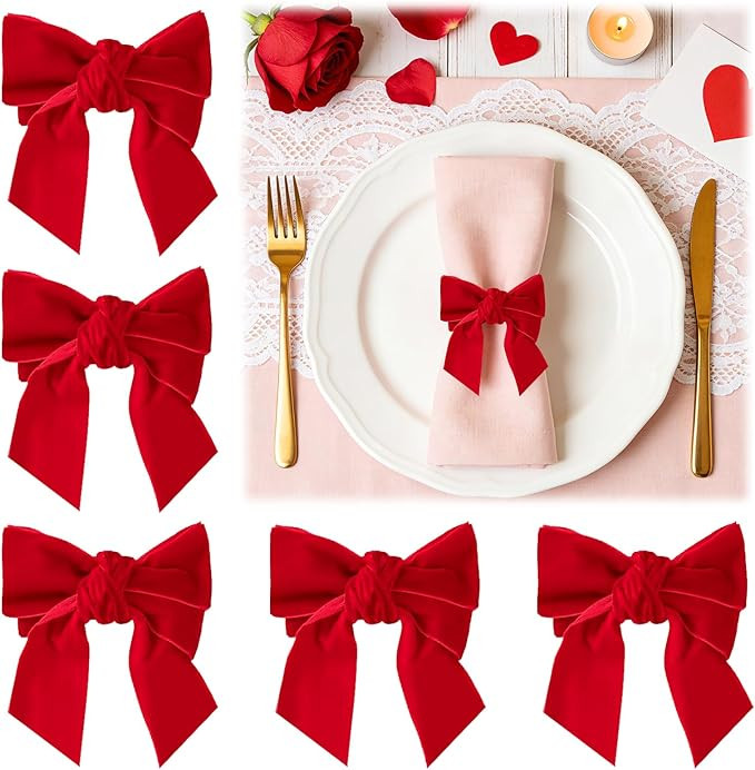 Valentine's Day Red Velvet Bow Napkin Rings Set of 6 - Beautiful Napkin Holder Rings, Also for Ch... | Amazon (US)