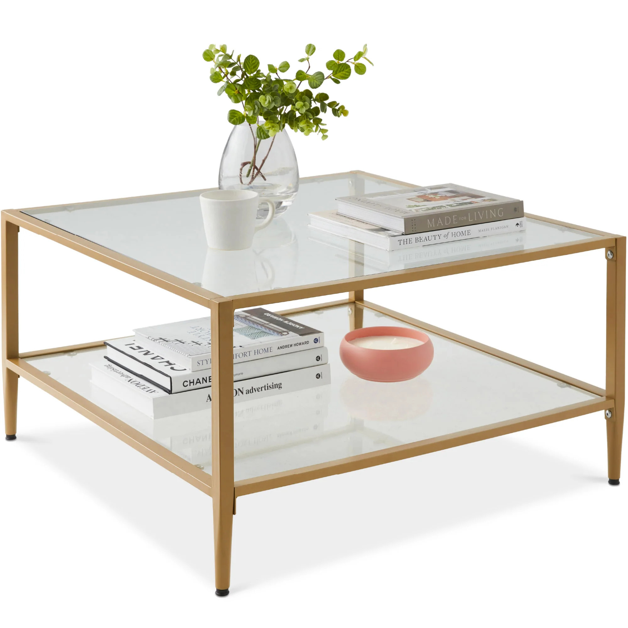 2-Tier Square Coffee Table Living Room Accent w/ Glass Top - 32x32in | Best Choice Products 