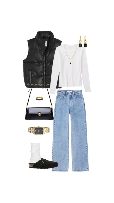 Casual winter outfit, date night outfit, going out outfit, Abercrombie jeans, leather, puffer vest, black purse, gold jewelry, Boston Birkenstocks

#LTKsalealert #LTKshoecrush #LTKstyletip