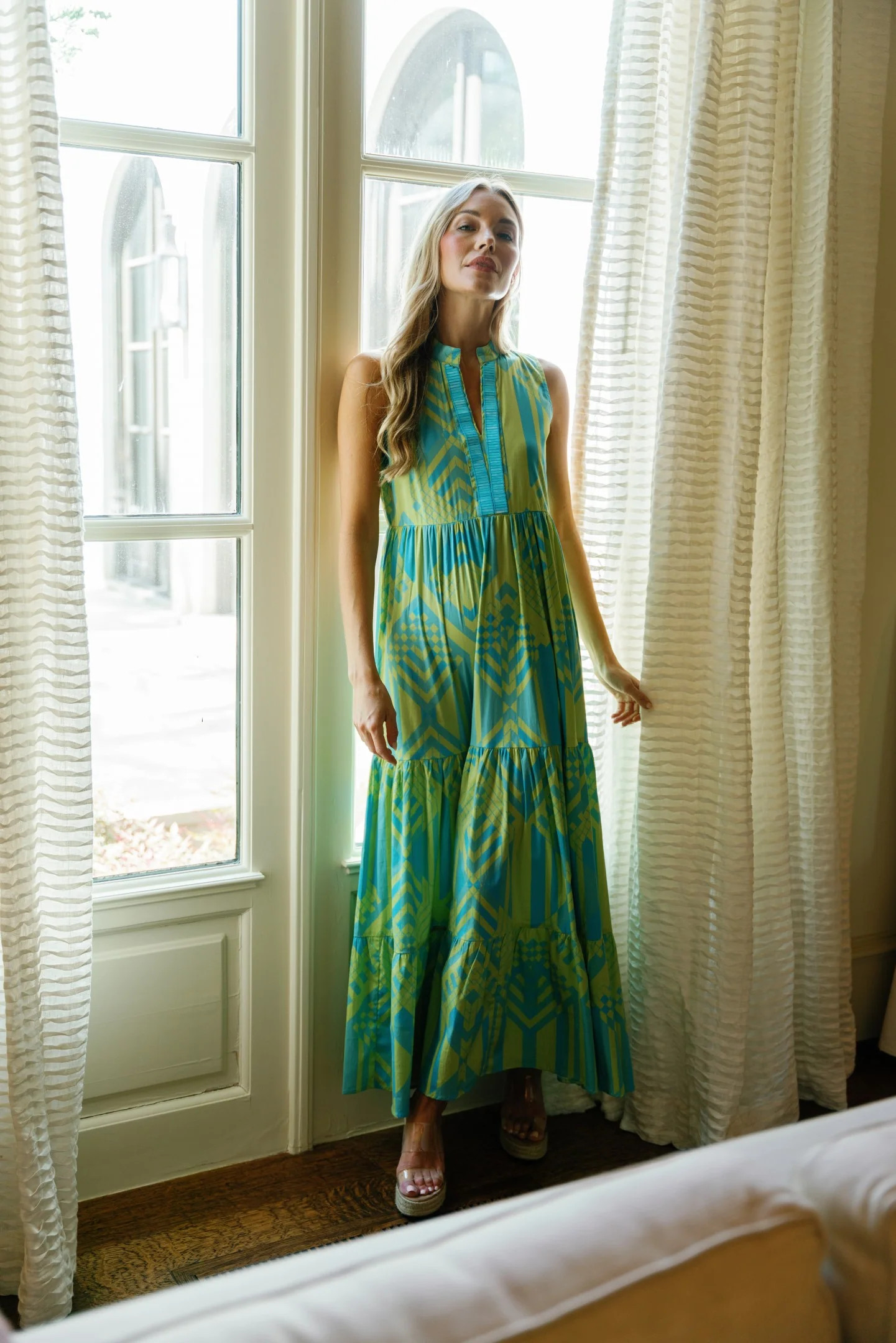 Sheridan French I Resort 2024 I Tessa Dress in Kiwi Geo Diamond | Sheridan French